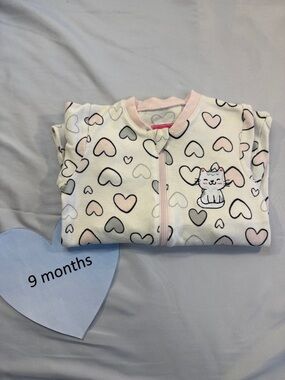 Tuffy Heart Print Baby Onesie with embroidered cat